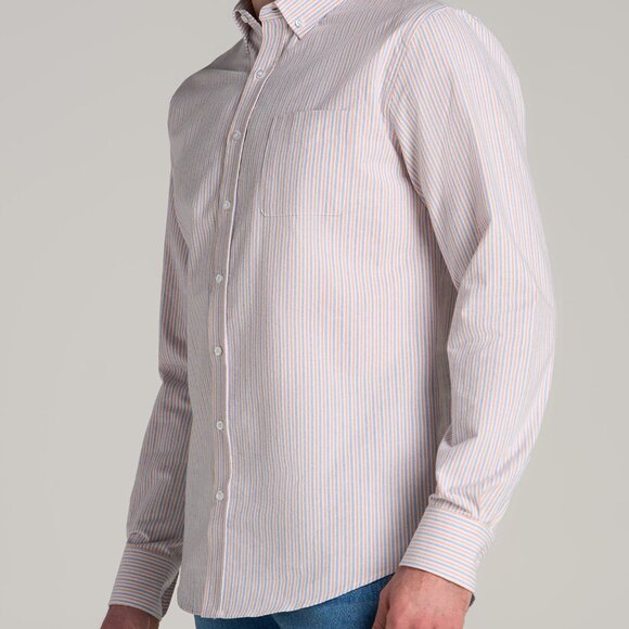 American Tall Washed Oxford Shirt for Tall Men in Apricot and Blue Multi Stripe - Picture 3 of 3